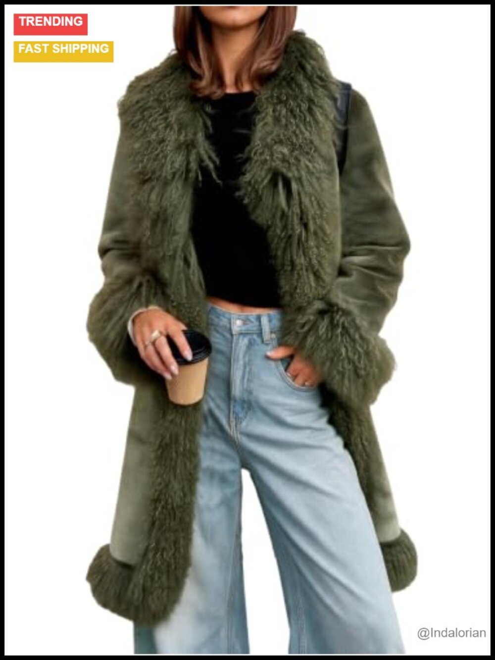 Faux Fur Trim Coat Fuzzy Warm Winter Outerwear Long Button Loose Fit